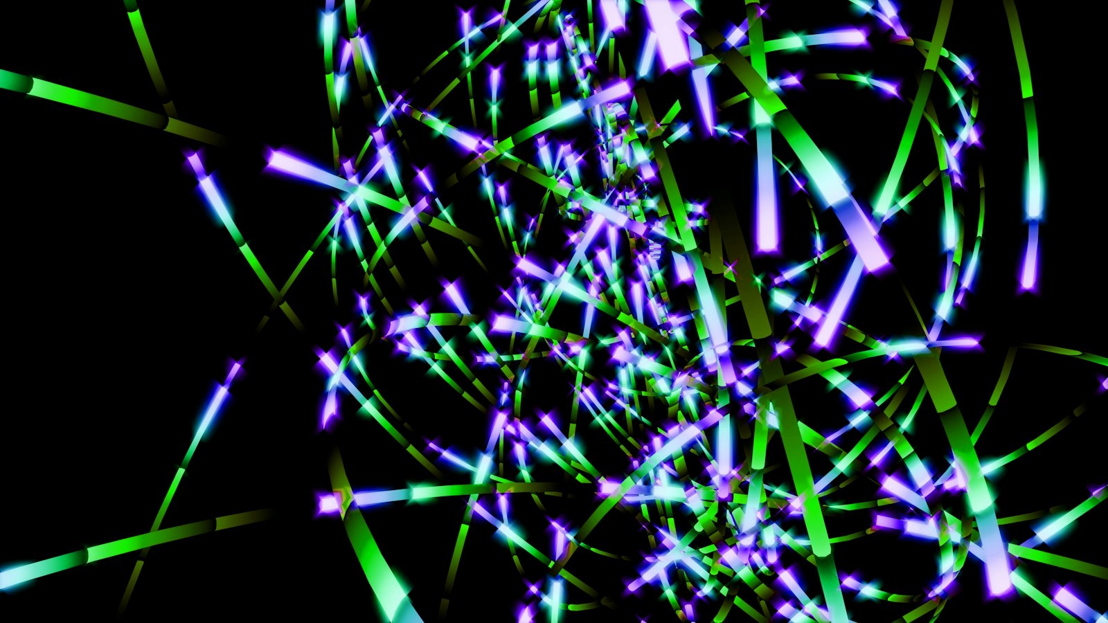 Abstract glowing green and purple light streaks on black