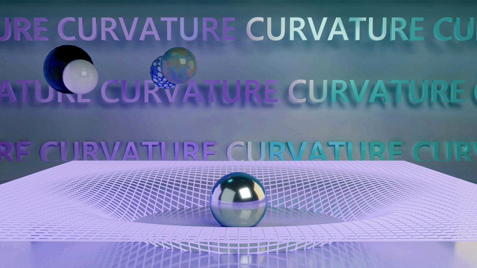 Metallic sphere warps grid representing spacetime curvature