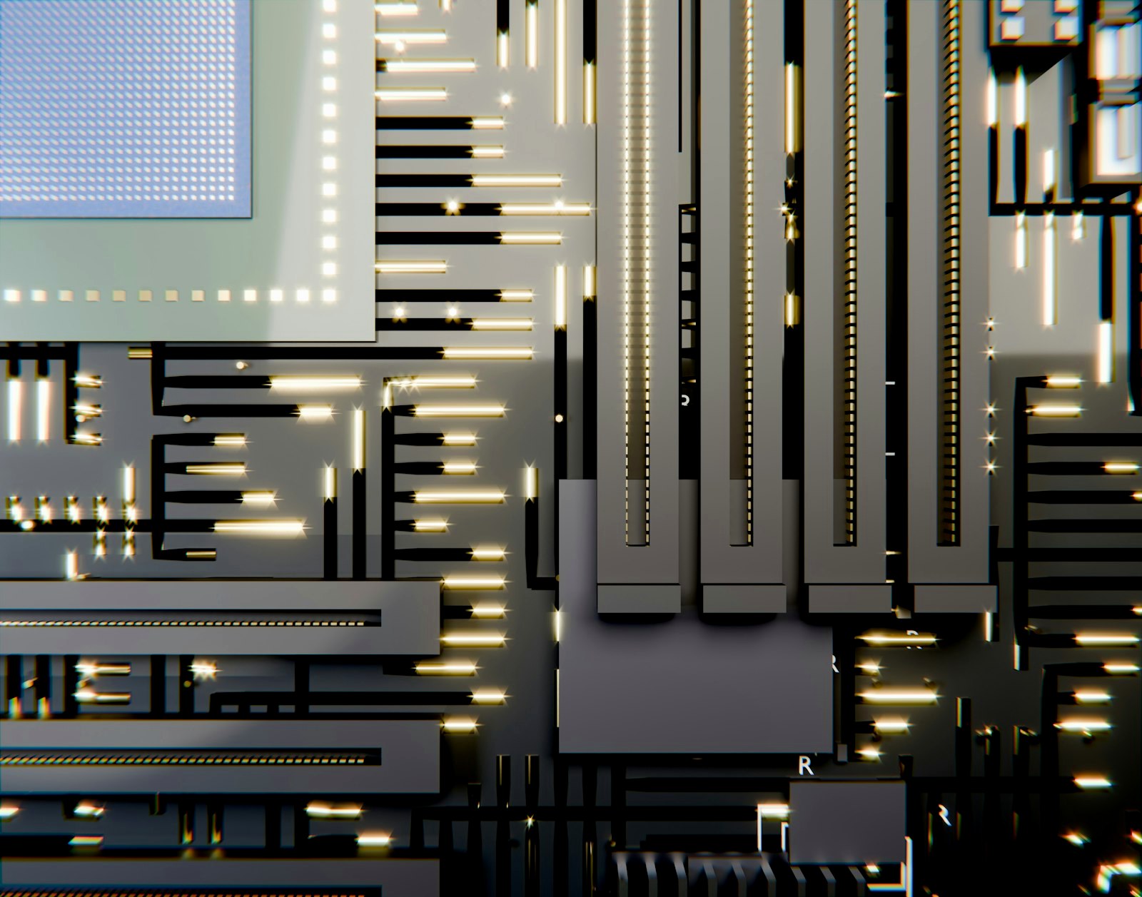 Glowing computer circuit board with cpu and memory slots