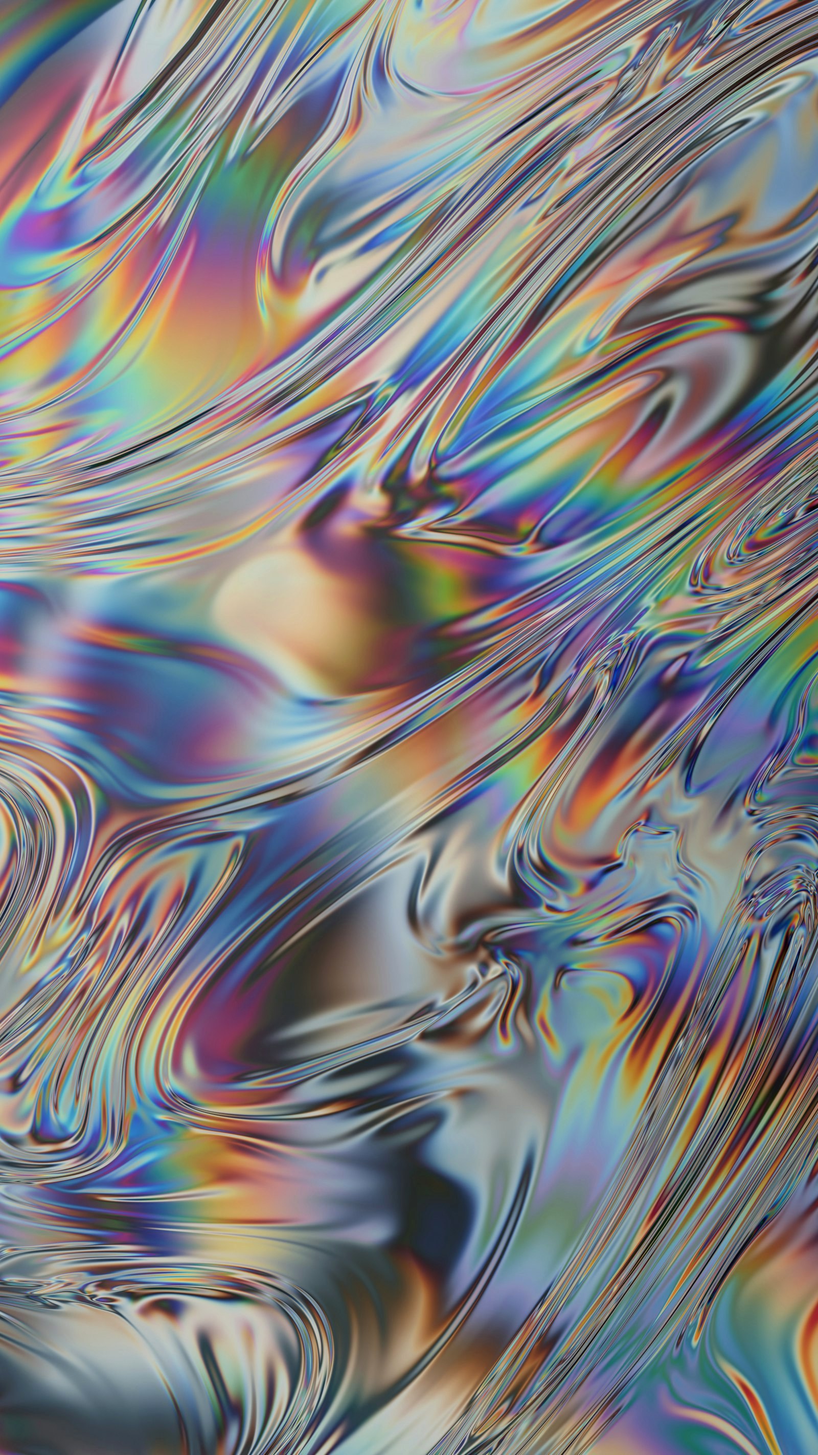 Iridescent swirls of liquid metal with rainbow reflections on a metallic surface