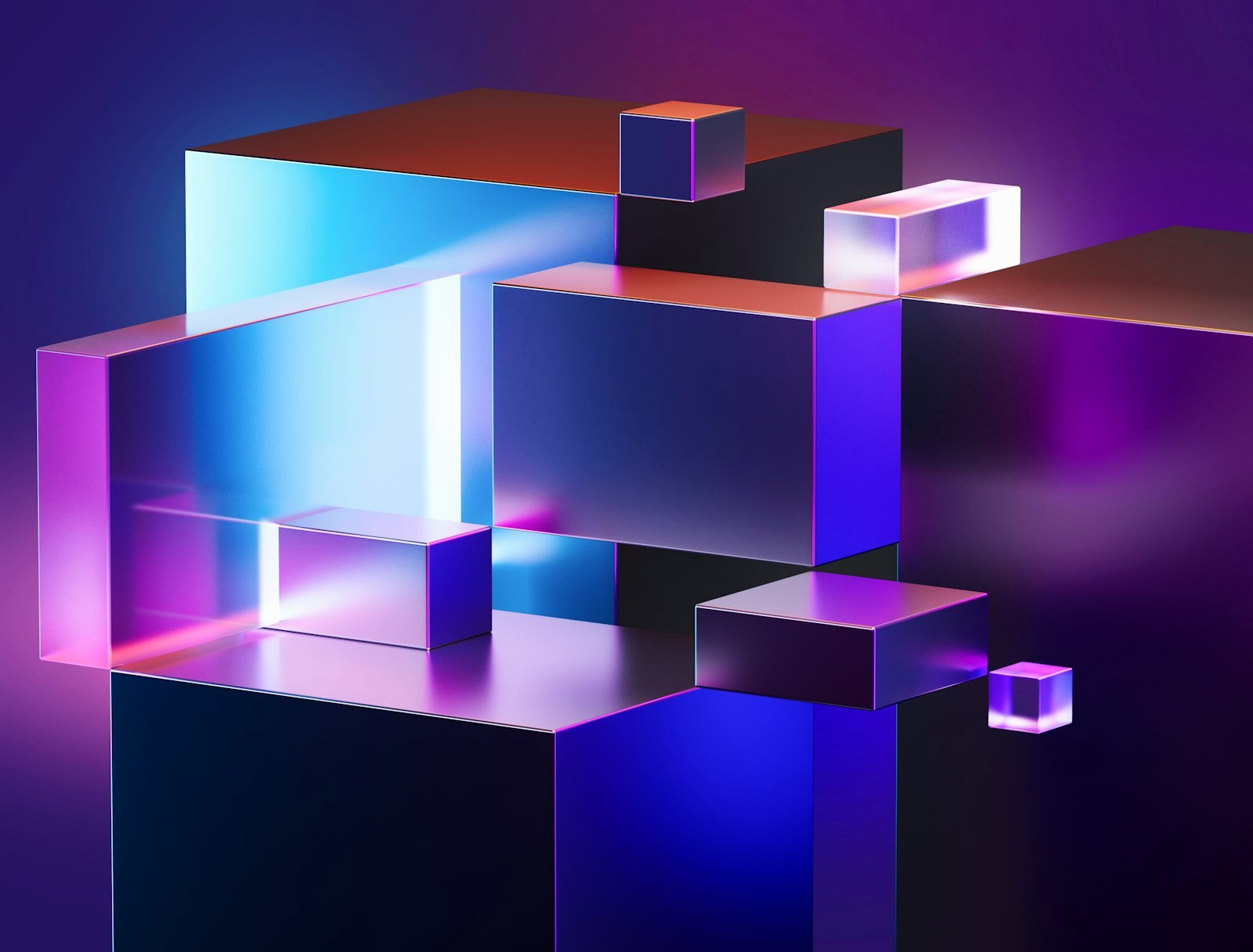 Floating metallic cubes in shades of blue and purple with reflective surfaces