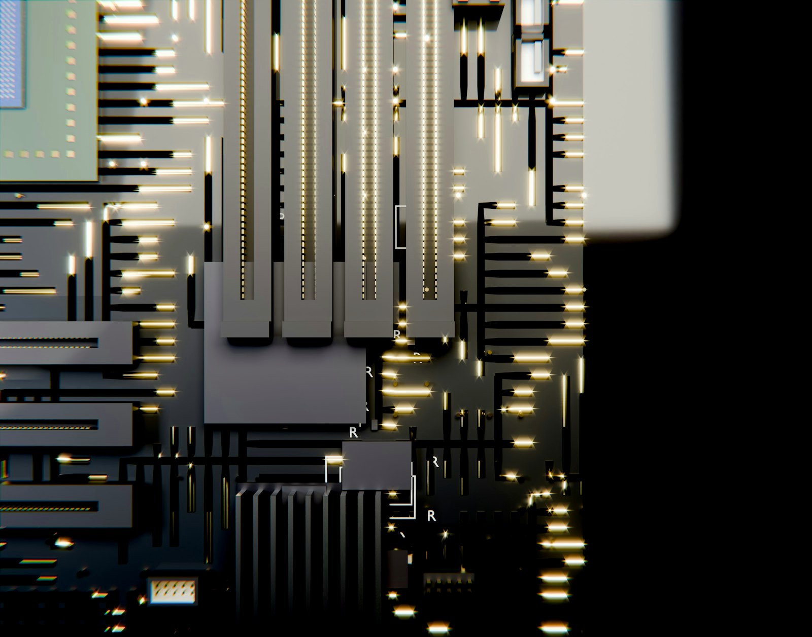 Circuit board with glowing golden traces and dark components