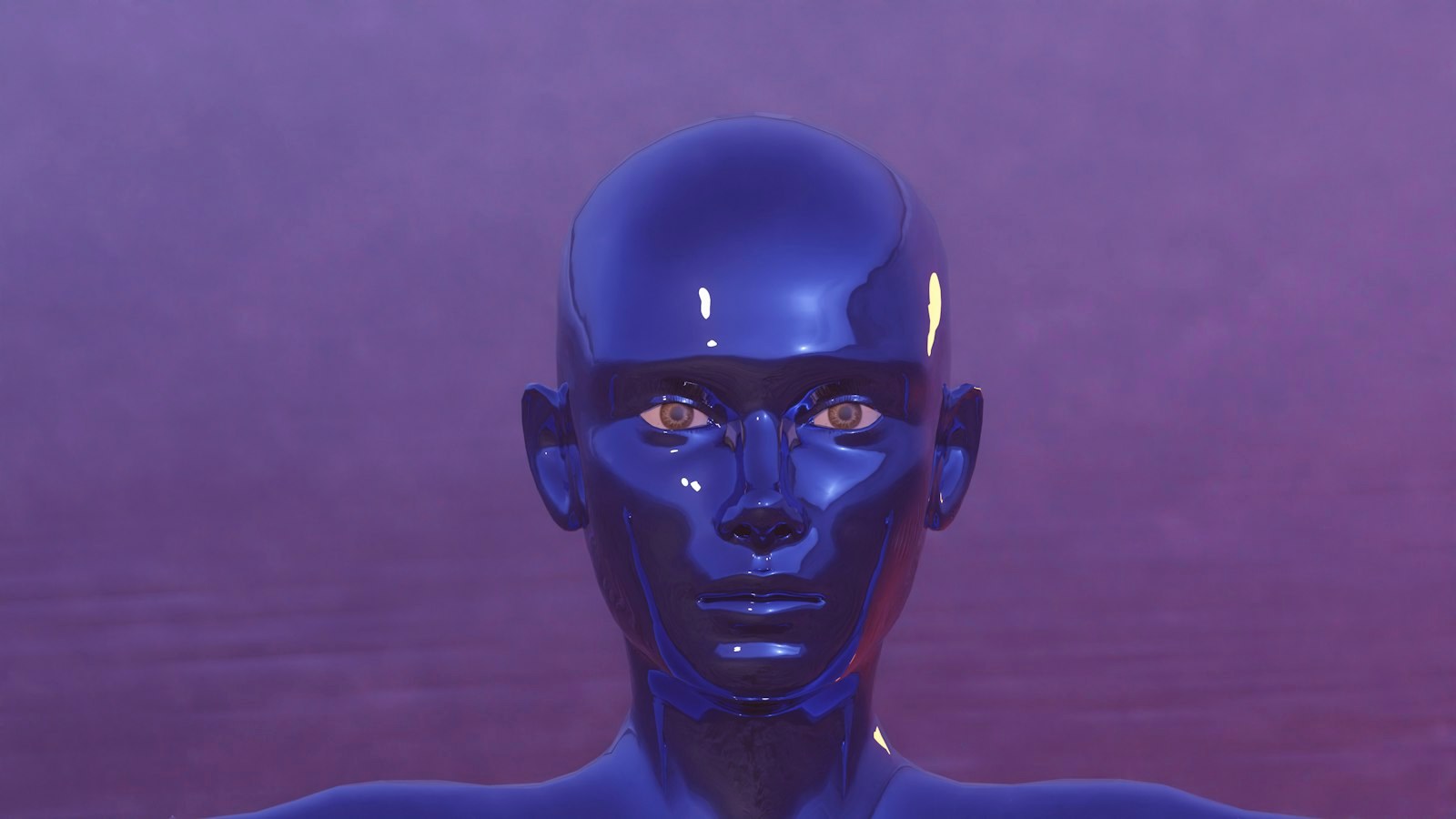a blue mannequin with a purple background